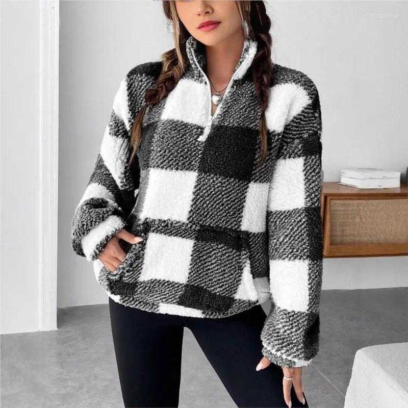 Women's Sweaters Casual Lattice Plush Simple Style Loose All-match Homewear Pullover Contrast Comfortable Commuting