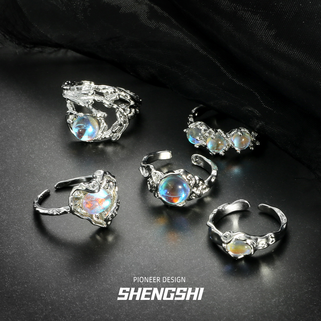 Korean Version Ins Style Niche Design High-end Texture Heart Personality Fashion Ring Open Moonstone Designer Ring Index Finger Ring For Women Wholesa