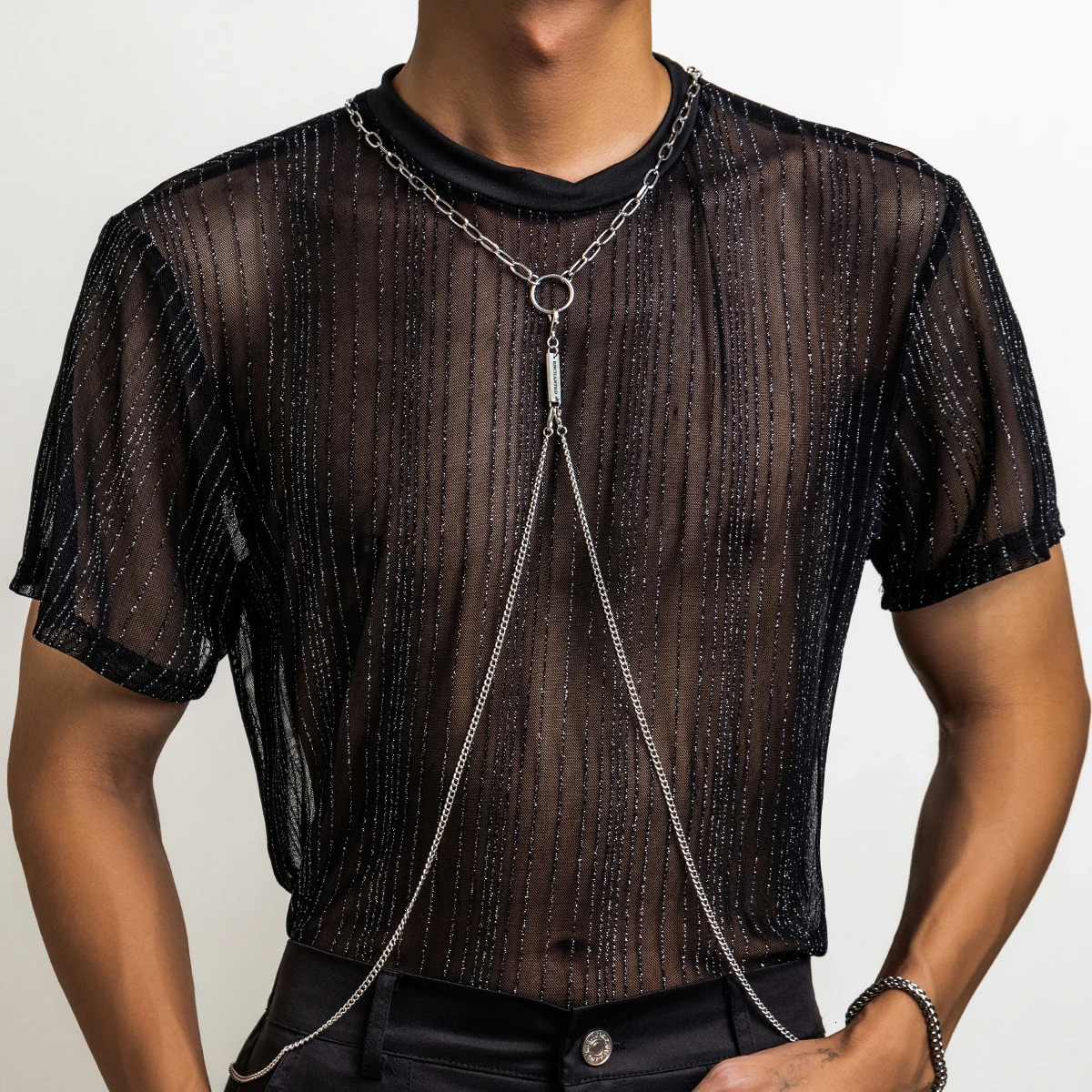 KunJoe Stainless Steel Metal Cross Chain Chest Chain for Men Punk Silver Color Link Chain Necklace Body Jewelry Party Accessorie 250409