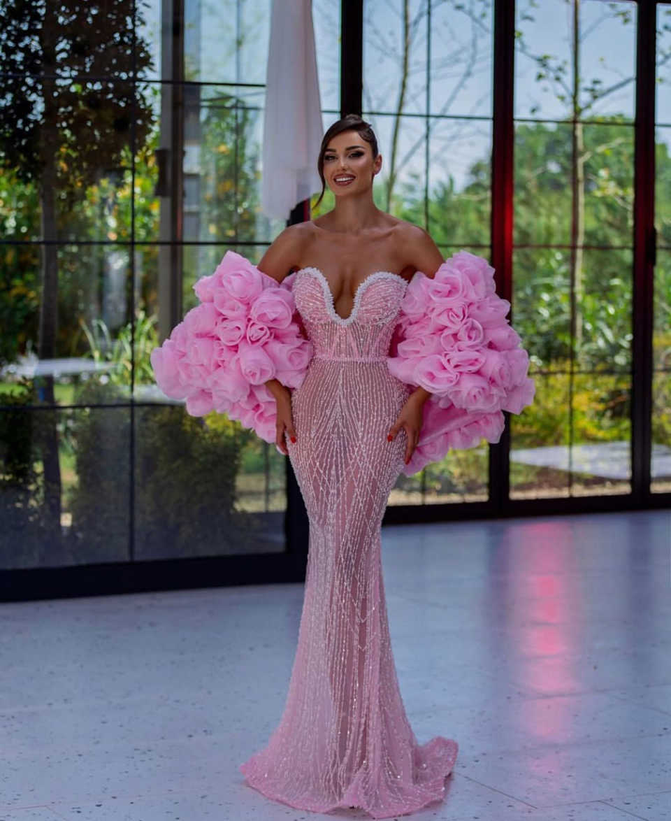 Shine Mermaid Prom Gown Crystal V-Neck Evening Dress Flower Party Prom Dress Sexy Bridal Gowns vestido de novia Size Customized Robes De Mariee L25101