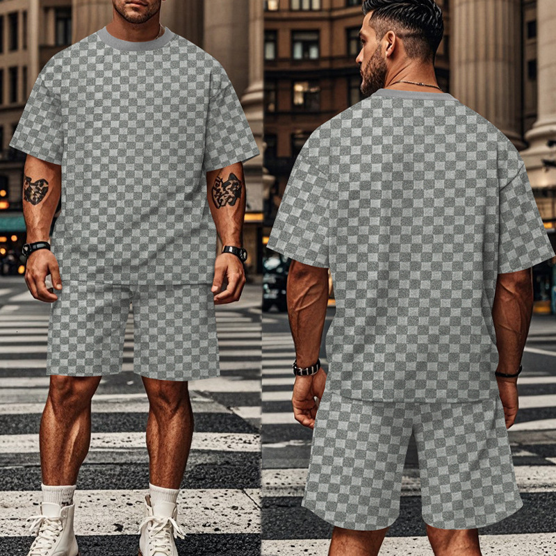 2025 new jacquard checkerboard solid color short sleeved shorts set for mens fashion trend