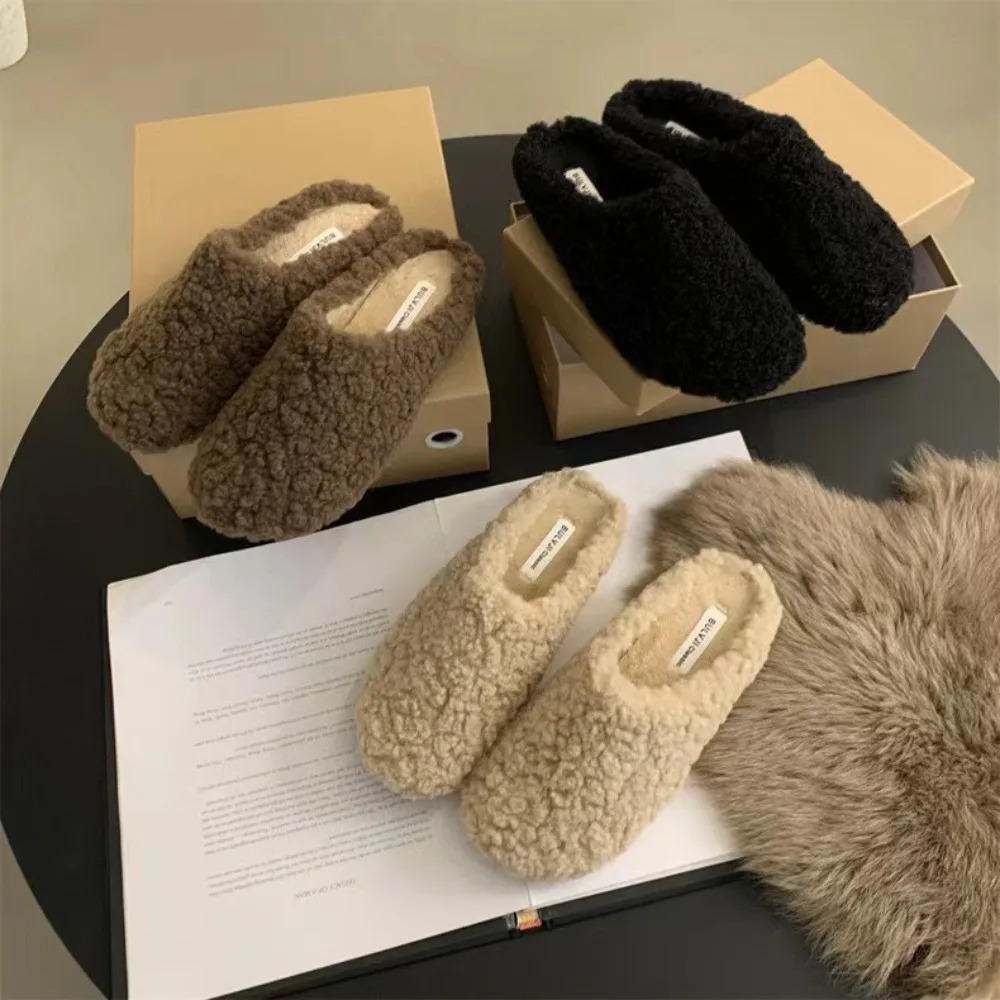 Fleeces Solid Color Furry Slippers Women Baotou Fur Flip Flops Woman Sliders Flat with Slides Warm Slippers Indoor Shoe 251107
