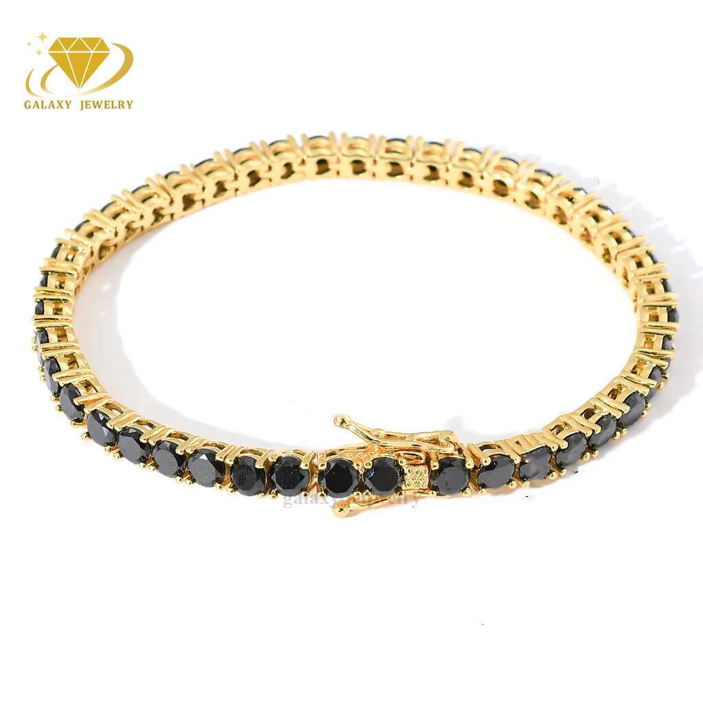 Real Pass Diamond Tester Black Moissanite Diamond Men Tennis Chain 1 Row Iced Out 3-5mm Gold Plated 925 Silver Bracelet Necklace