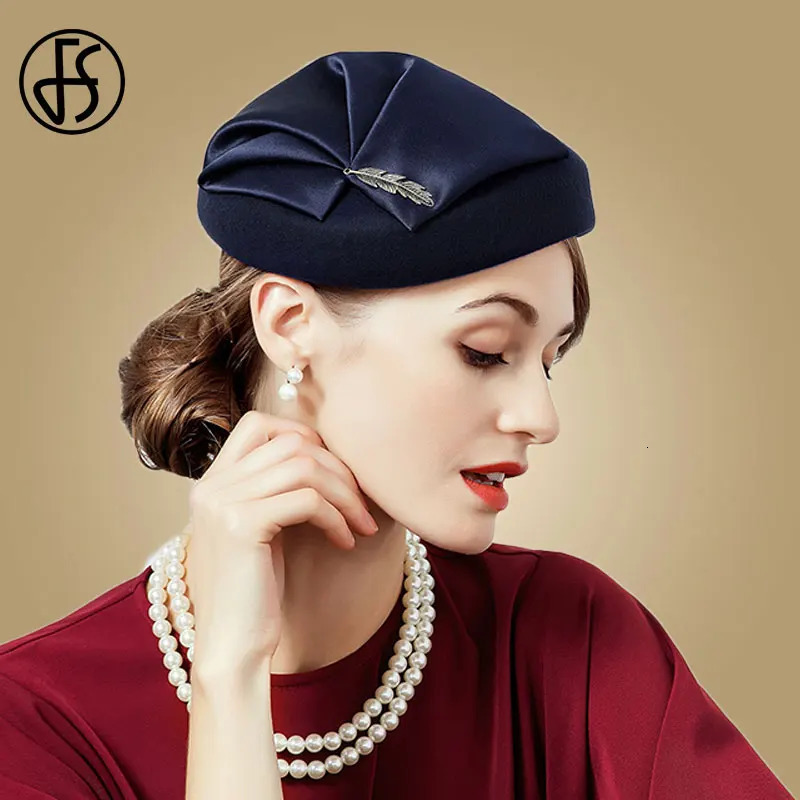 FS Elegant Wool Pillbox Hat Fascinators Fedora Hat Black Church Hats Women Navy Blue Wedding Ladies Felt Leaf Berets Caps Chapea 250409
