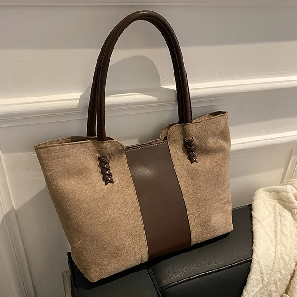 Suede Surface Handbag For Womens Korean Fashion Leisure Commuting Handbag Vintage Color Collision Splicing Tote Bag 251106