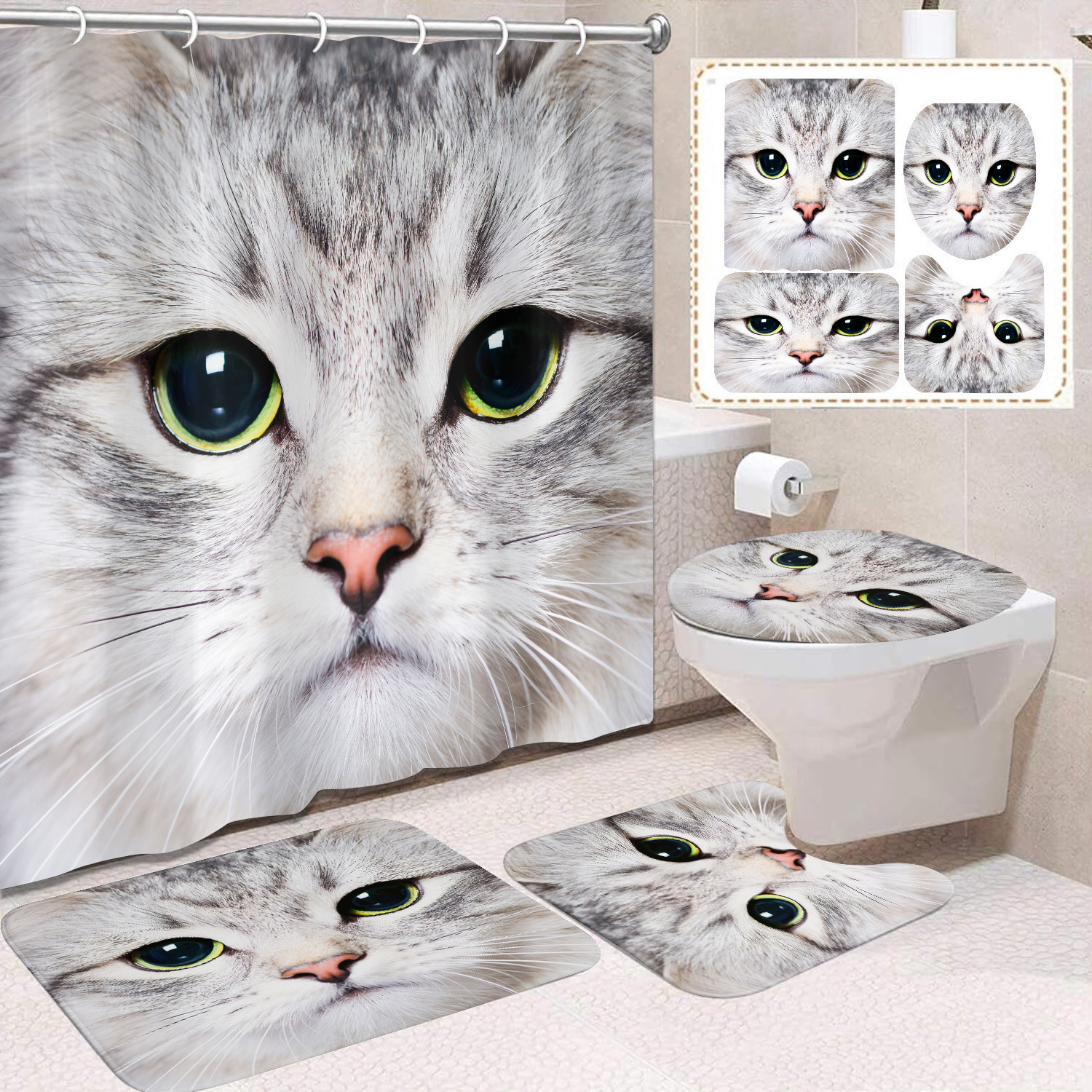 YL-37678 Black and White Cat Shower Curtain Waterproof and Mildew-proof Digital Print Shower Curtain Four-Piece Set
