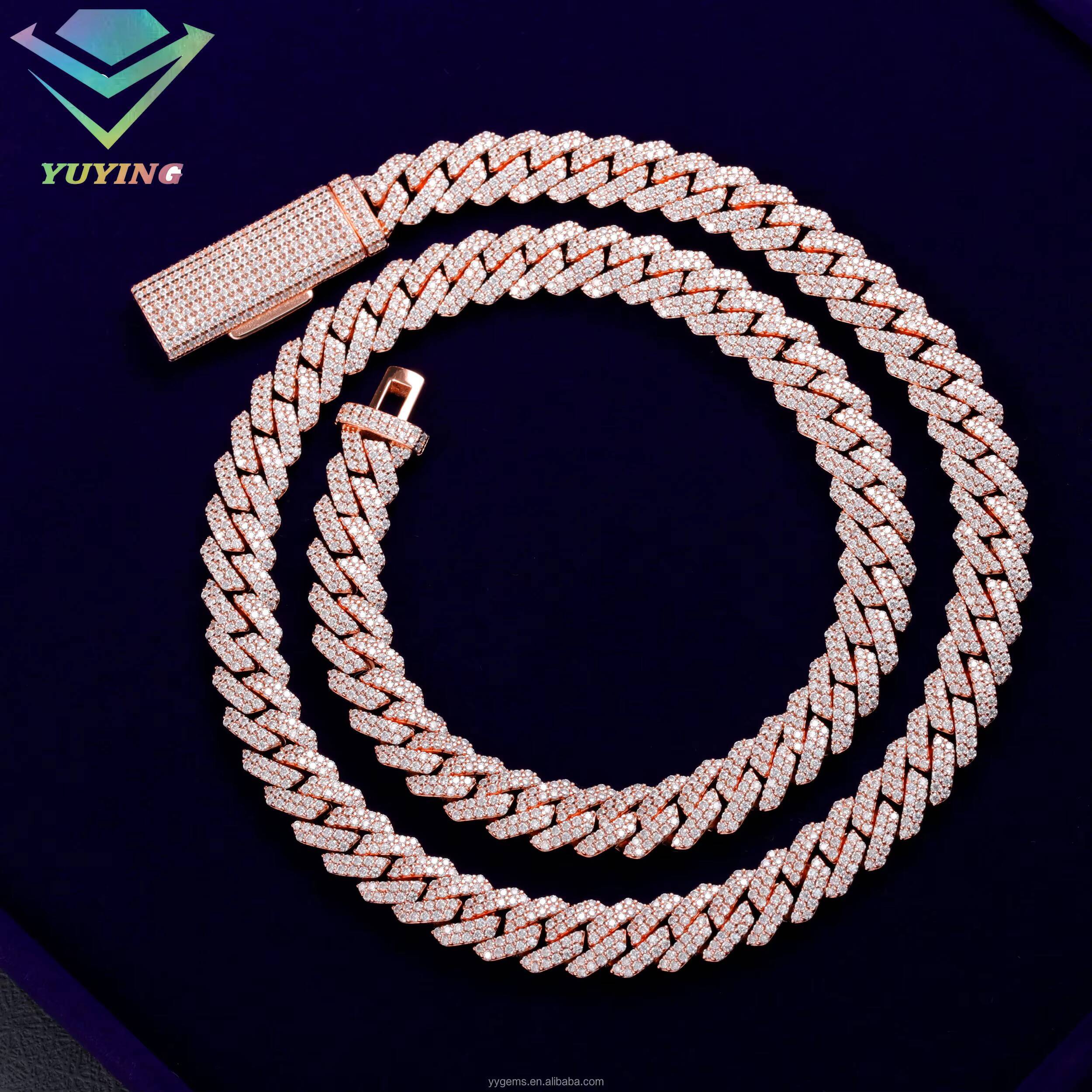 8mm-12mm Width 100 Pass Tester 18k Gold Plated 2rows VVS Moissanite 925 Silver Cuban Link Chain for Hip Hop Rapper Jewelry