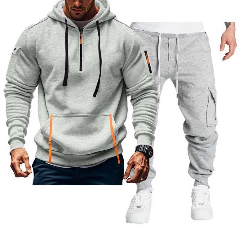 Mens sports set autumn and winter sports suit trendy jacket long sleeved long pants hooded casual sports mens suit W251110