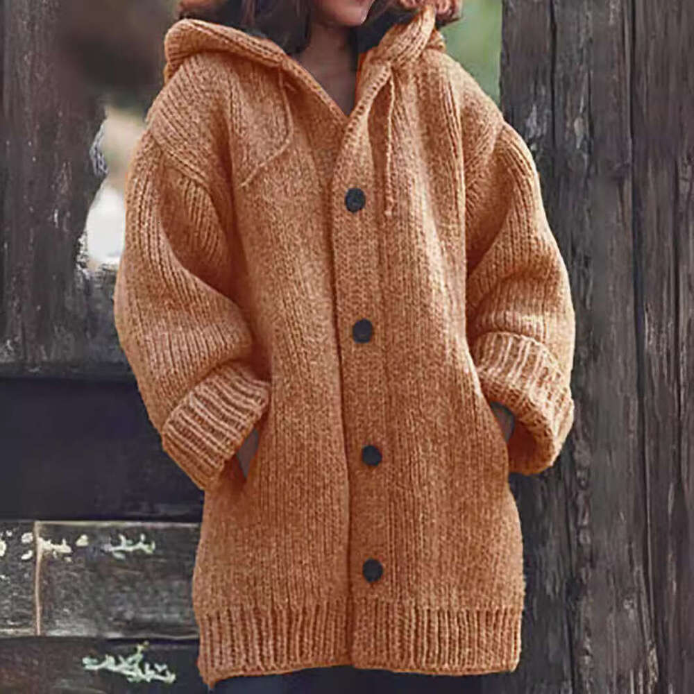 In Stock European and American Hot-Selling Women's Mid-Length Sweater New Cardigan Hooded Jacket
