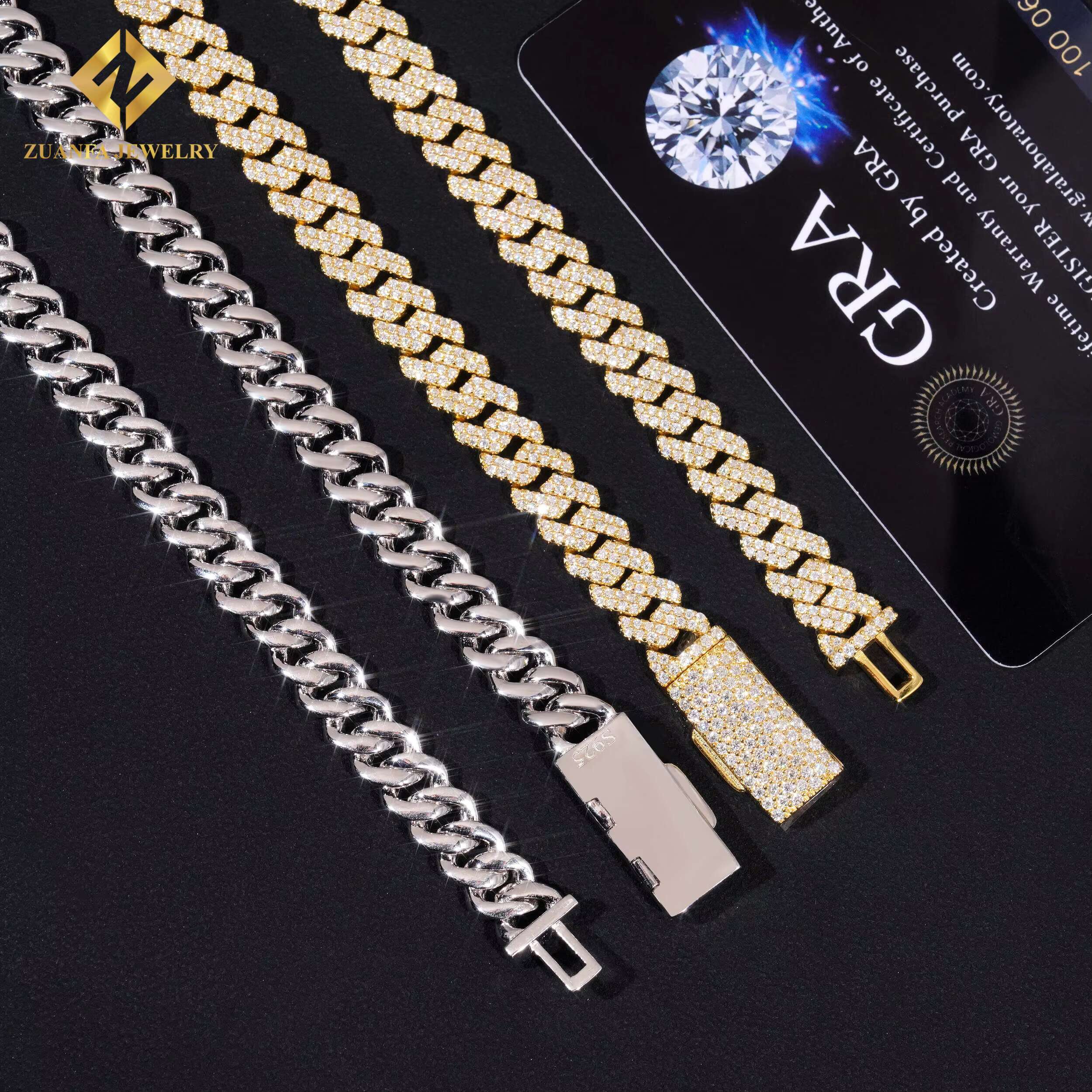 Zuanfa Jewelry Men's Hip Hop Necklace Solid Sier Gold Plated 8mm VVS Moissanite Cuban Chain Buckle