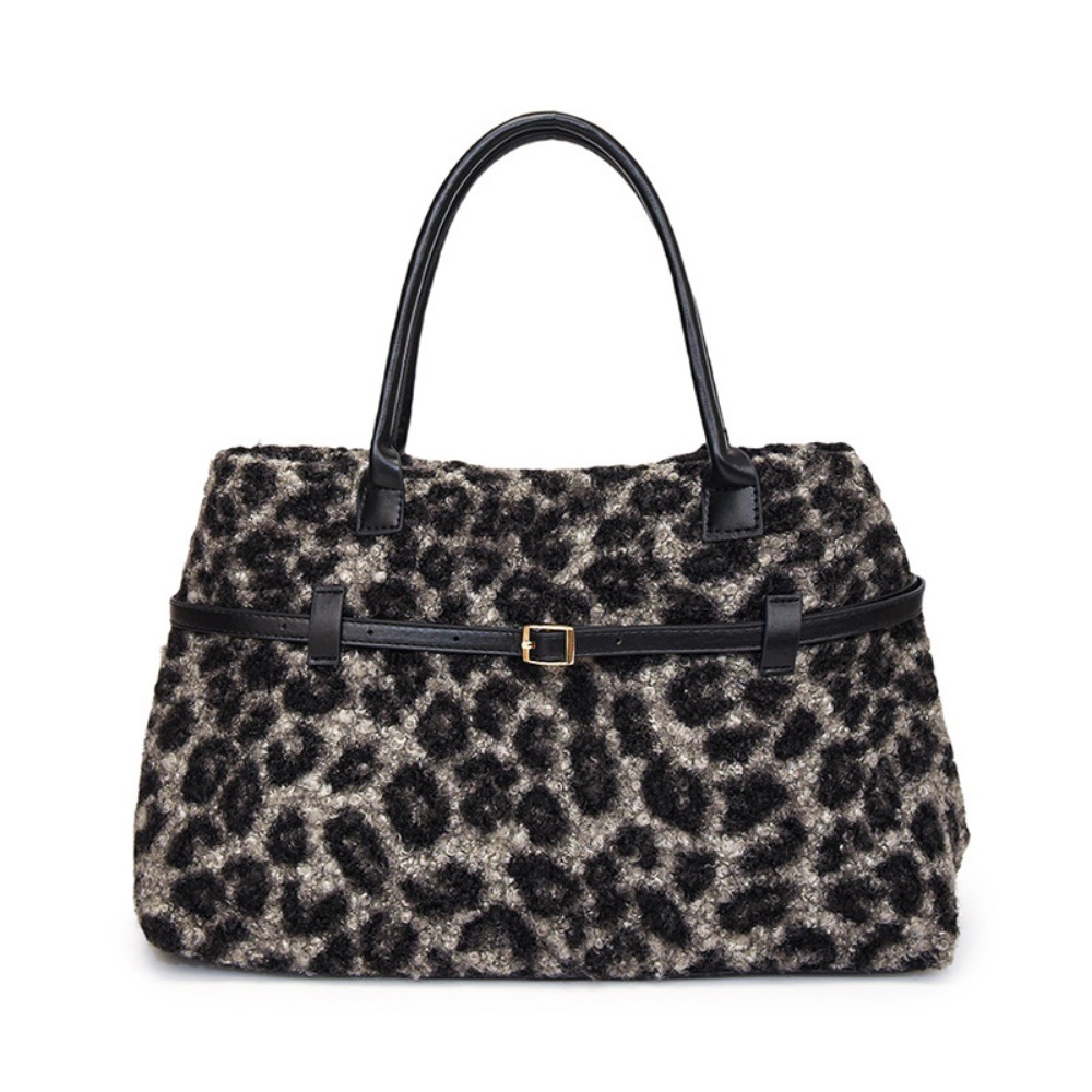 Stylish Vintage Ladies' Faux Lambskin Leopard Print Duffle for All Seasons Practical with Adjustable Strap Options