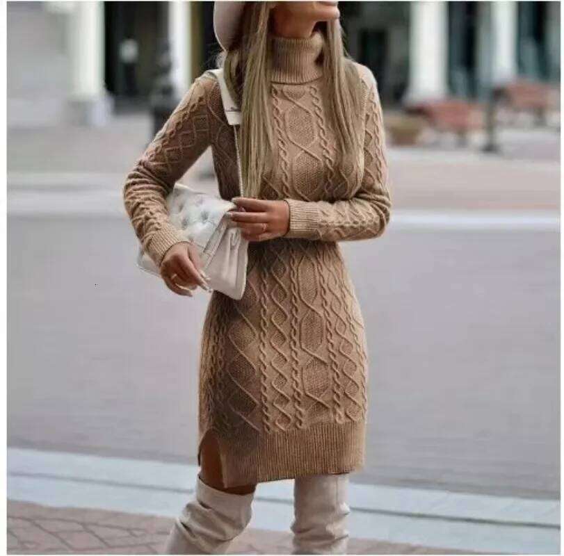 2024 Autumn Winter New Women's Wrap Hip Skirt High Neck Warm And Thickened Elegant Knitted Sweater Long Sleeve Dress
