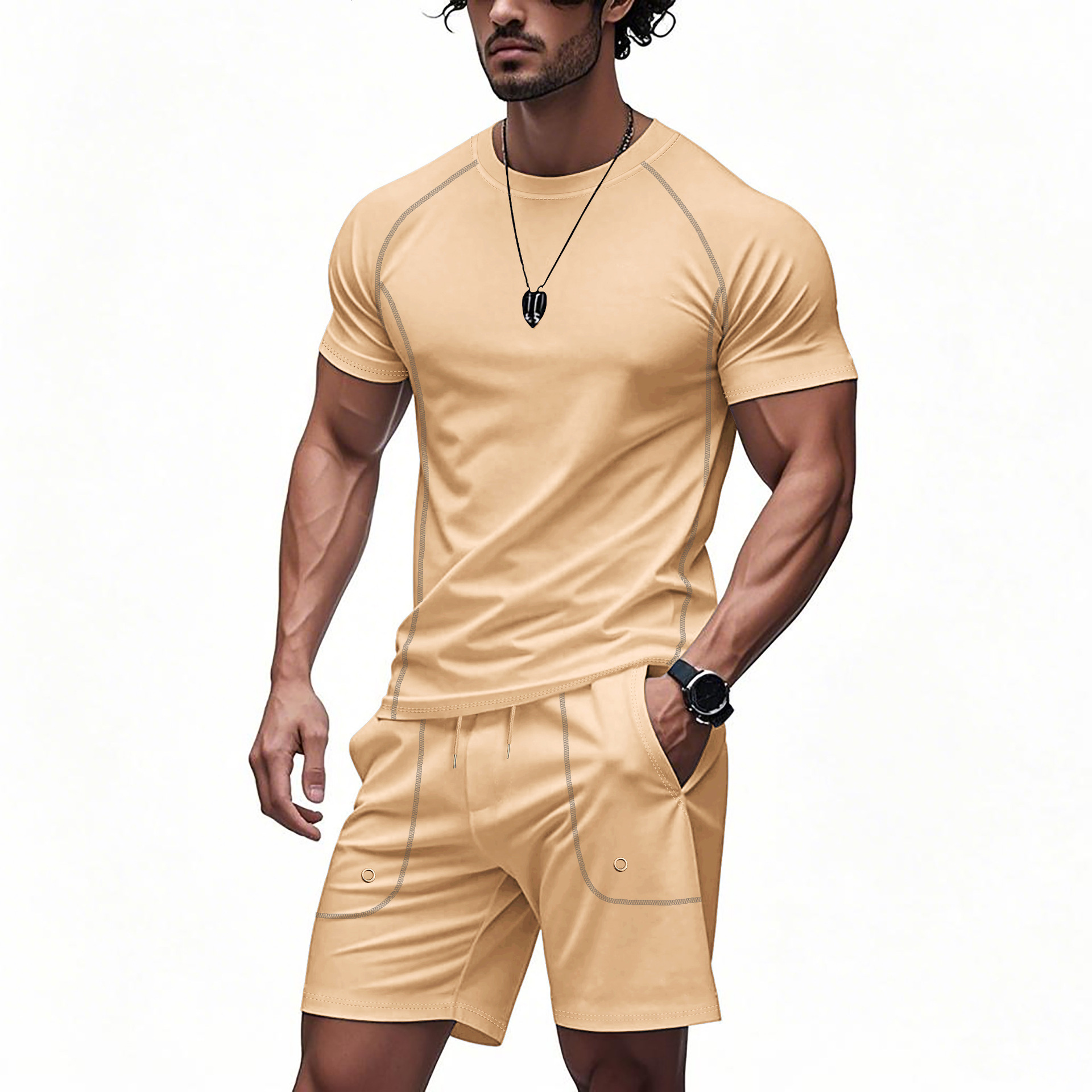 2025 cross level summer new style mens running fitness tight fitting suit set training short sleeved shorts set