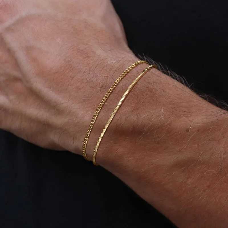 Mens Bracelet Set Waterproof- Dainty 14K Gold Plated Stainless steel Snake Cuban Figaro Chain Bracelets for Men Jewelry GiftsT251110