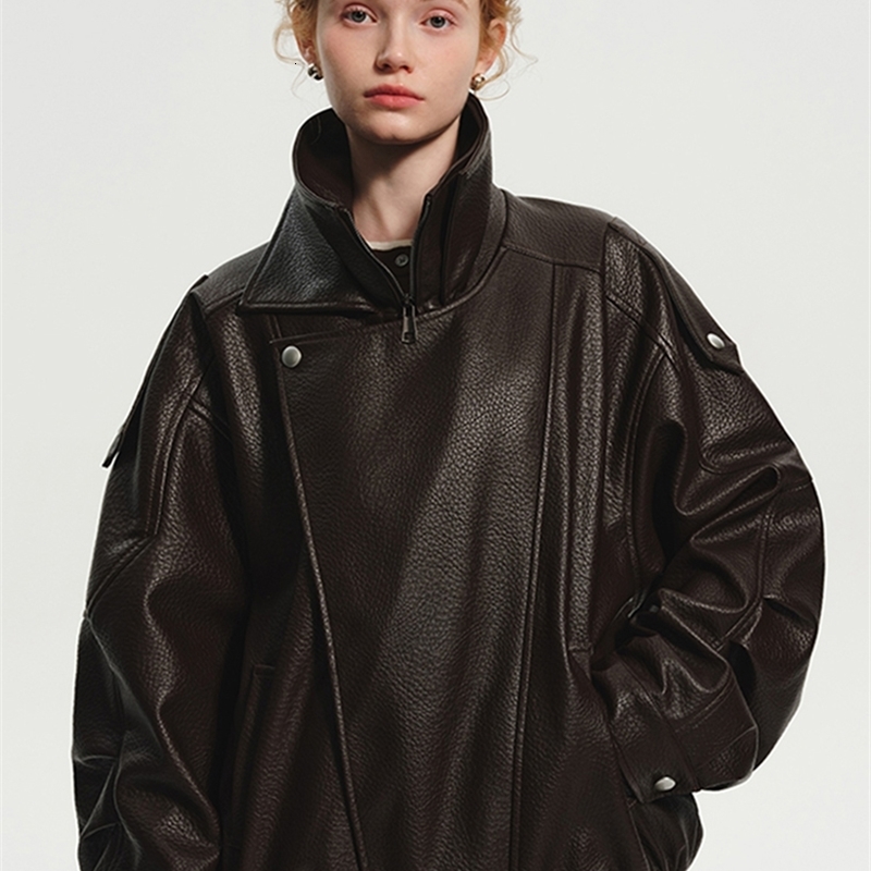 Lautaro Spring Autumn Cool Brown Oversized Pu Leather Jacket Women Long Sleeve Zip Up Luxury Designer American Retro Clothing 251105