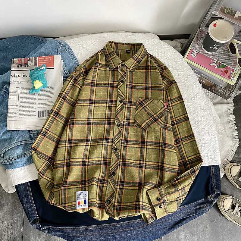 Men Flannel Plaid Shirt Long Sleeve Loose Hip Hop Street Mens Casual Shirts Pocket Male Soft Dress Shirt Plus Size K251110