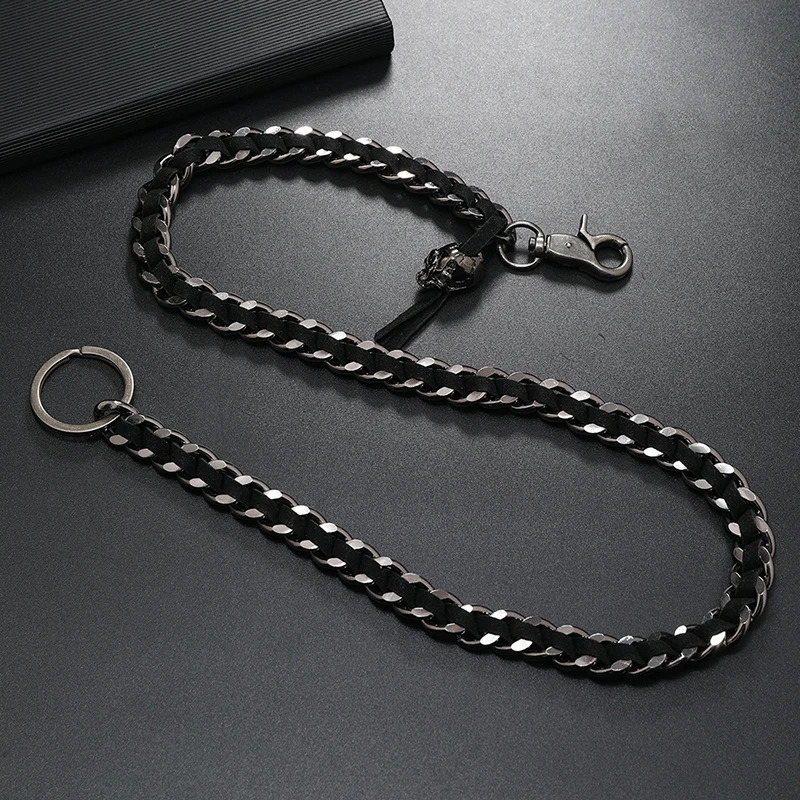 Mens Hip Hop Pants Chain Black Alloy Skull Safe Travel Wallet Heavy duty Jeans Coil Waist 250410