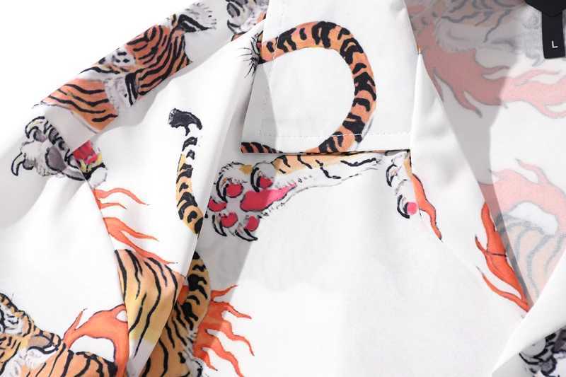 Black tiger full print retro street mens shirt button down collar holiday beach H X250410