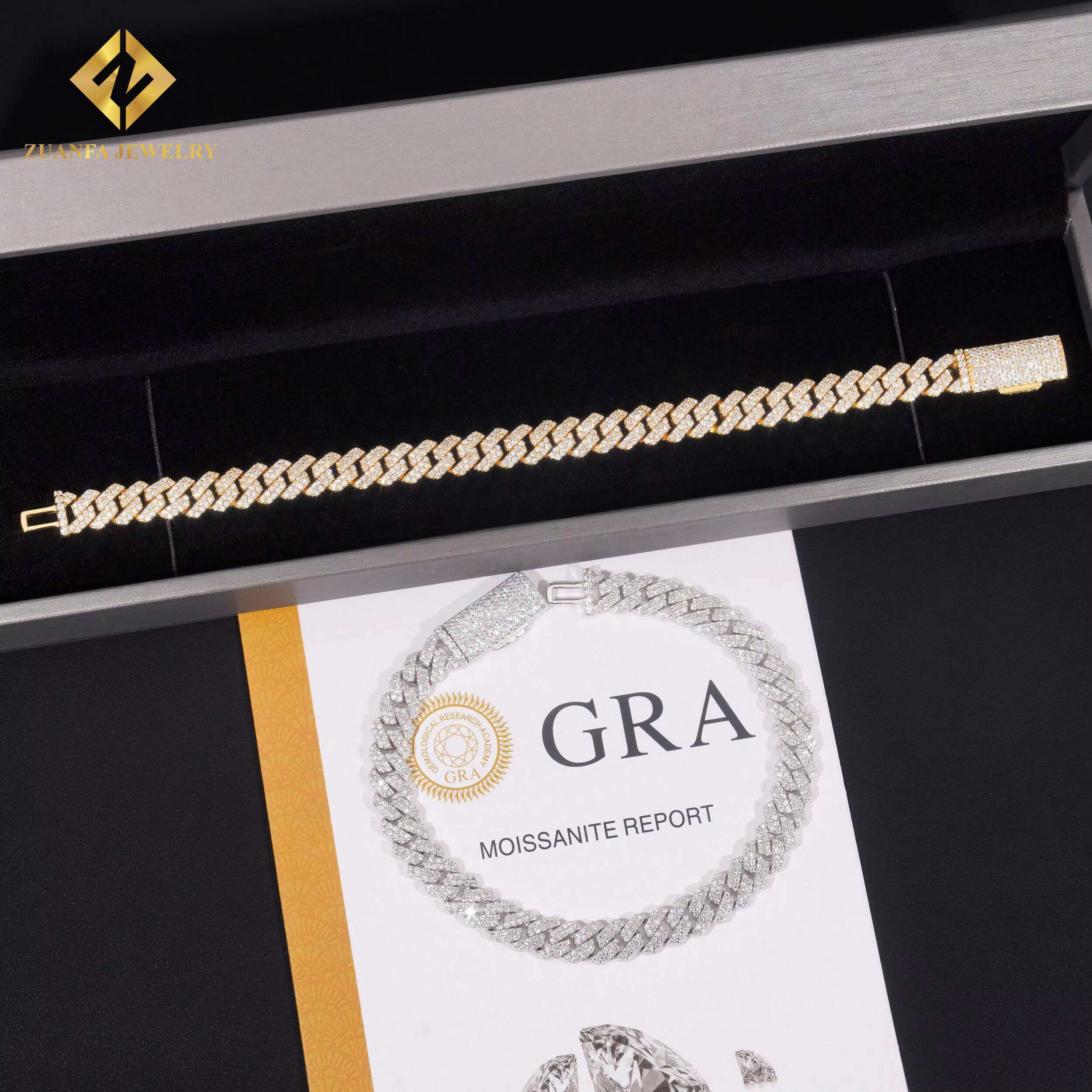 Zuanfa Jewelry Men's Hip Hop Necklace Solid Sier Gold Plated 8mm VVS Moissanite Cuban Chain Buckle