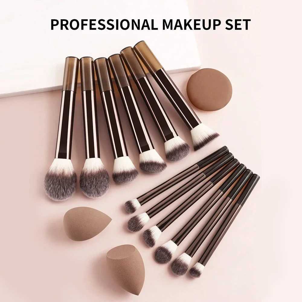 12pcs Professional Makeup Brush Set Incl Eyeshadow Powder Blush Brushes 2pcs Makeup Sponges 1pc Powder Puff Complete Trave L251110