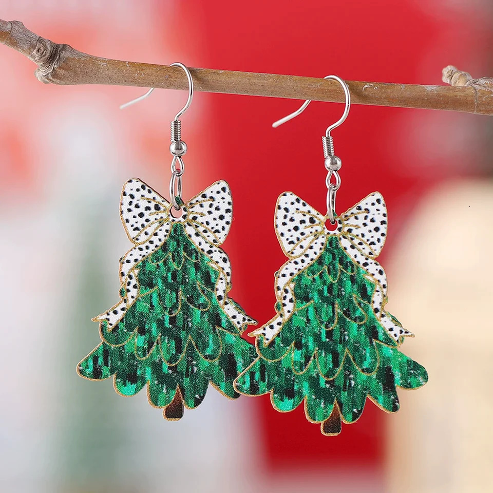 Christmas Themed Wooden DoubleSided Earrings with Cow Print Leopard Print Bow And Christmas Tree Pendant for Festive Decor 251031