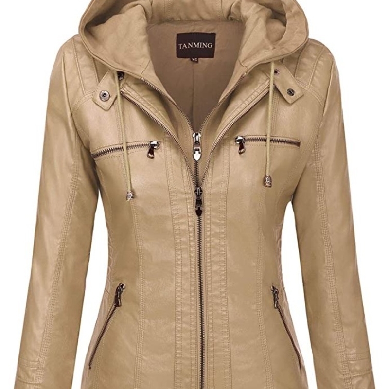 Hooded Leather Jacket TwoPiece Set Removable Large Size for Women Spring Fall Outwear Pu Washed 251105