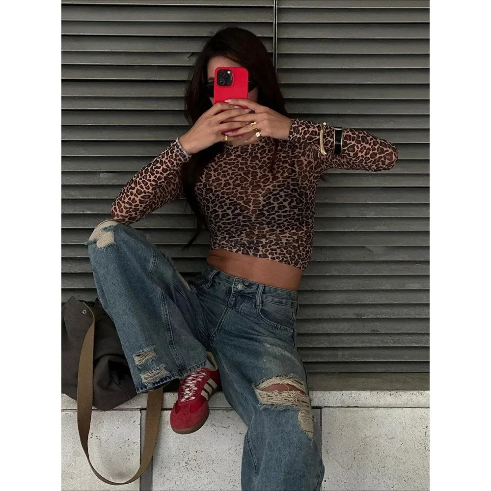 Sexy long sleeved shirt mesh Tshirt leopard print tight fitting womens party club streetwear casual late night snack 250407