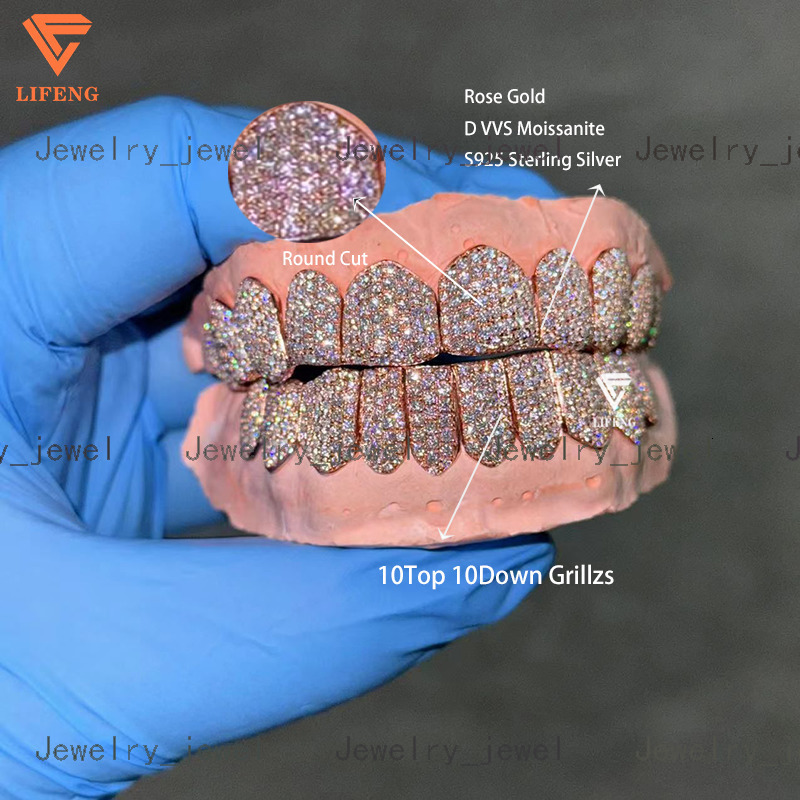Iced Out VVS Moissanite Grillz Diamond Teeth 10 on 10 925 Sterling Silver Grillz for Teeth Custom Rose Gold Teeth Grillz Jewelry