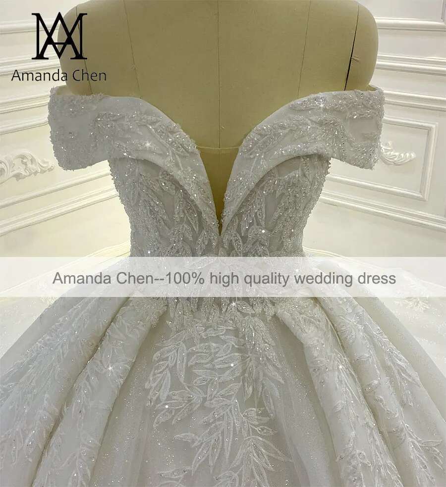 Customized AM972 High Quality Custom Made Off Shoulder Lace Applique Crystal Wedding Dress