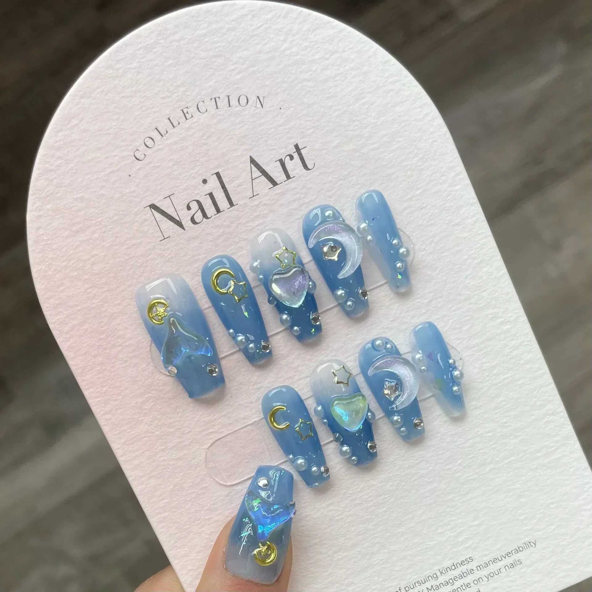 0pcs hand pressed long ballet blue fake nails with 3D ocean moon rhinestone design complete set of nail tips W250410