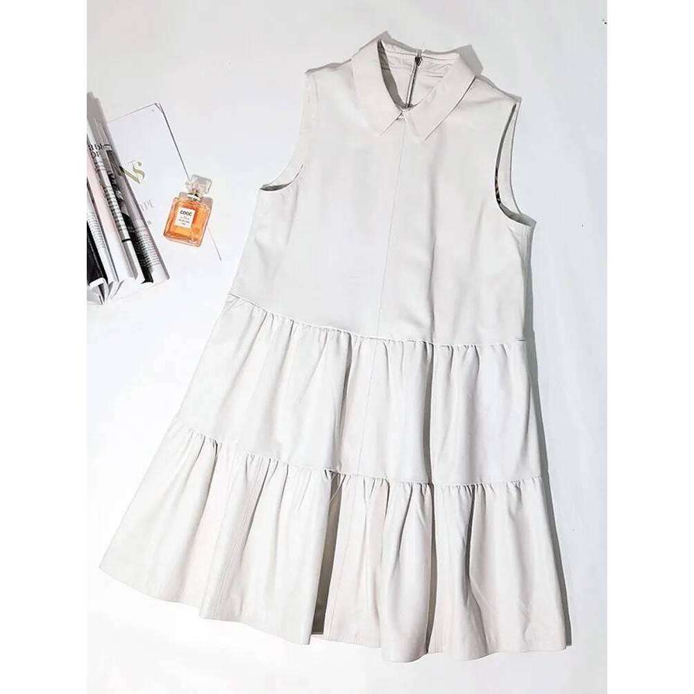 Fashion Spring New Women Sleeveless Sundress Pleated Sheepskin Genuine Leather Dress White Lapel Collar Loose Fit Casual Dresses