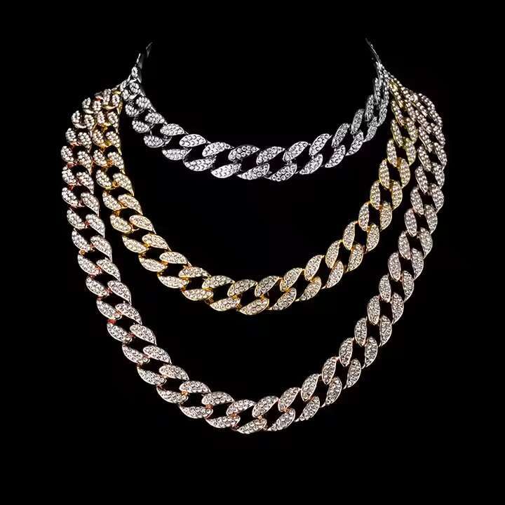 Iced zinc alloy and pearl rhie hip-hop 15mm wide Cuban chain necklace bracelet accessory set