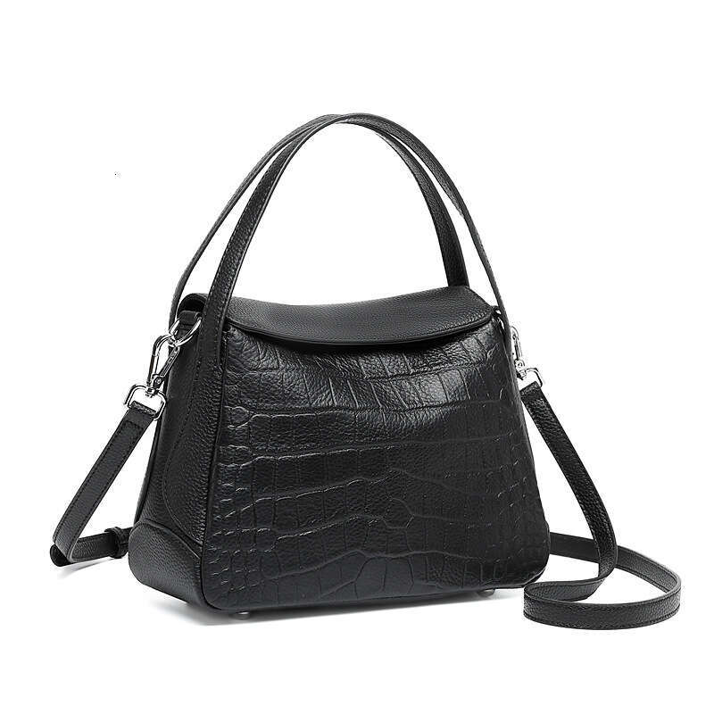 Women's Genuine Leather Tote Bag Black Crocodile-Like Texture Handbag With Ic Closure, Golden-Tone Hardware Adjustable Strap, Small Crossbody/Han