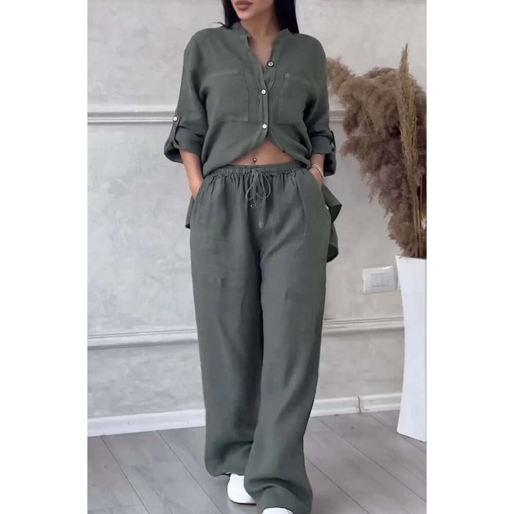 2025 New European American Cross-Border Women's Solid Color Single-Breasted Sleeve Shirt Two-Piece Set with Wide-Leg and Tie-Up Long Pants for Wo