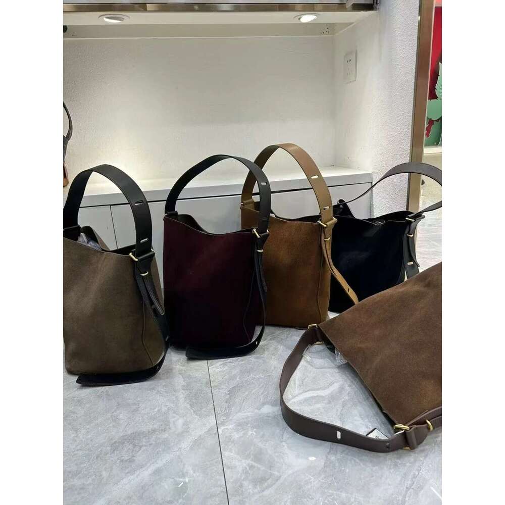 Vintage Style Multiple Outfits Bucket Park Tote Chamois Suede Leather Women Shoulder Bag Grey High Quality Adjustable Handbag