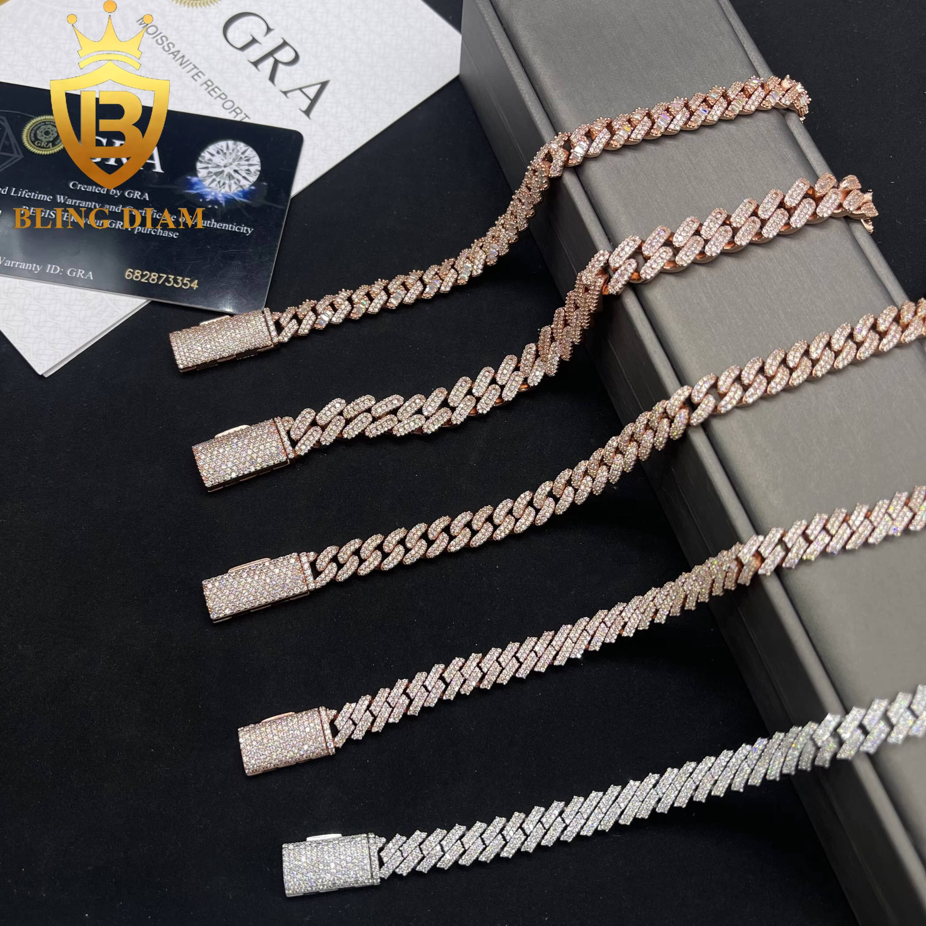 8-10mm Iced Out Miami Cuban Link Chains Rose Gold Pass Diamond Tester Hip Hop Rapper 925 Sterling Silver Vvs Real Moissanite