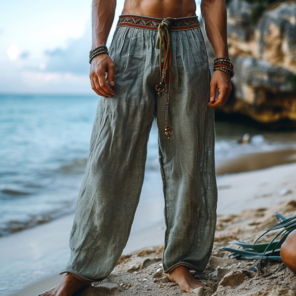 European mens solid color holiday summer loose and breathable pure cotton style mens casual pants