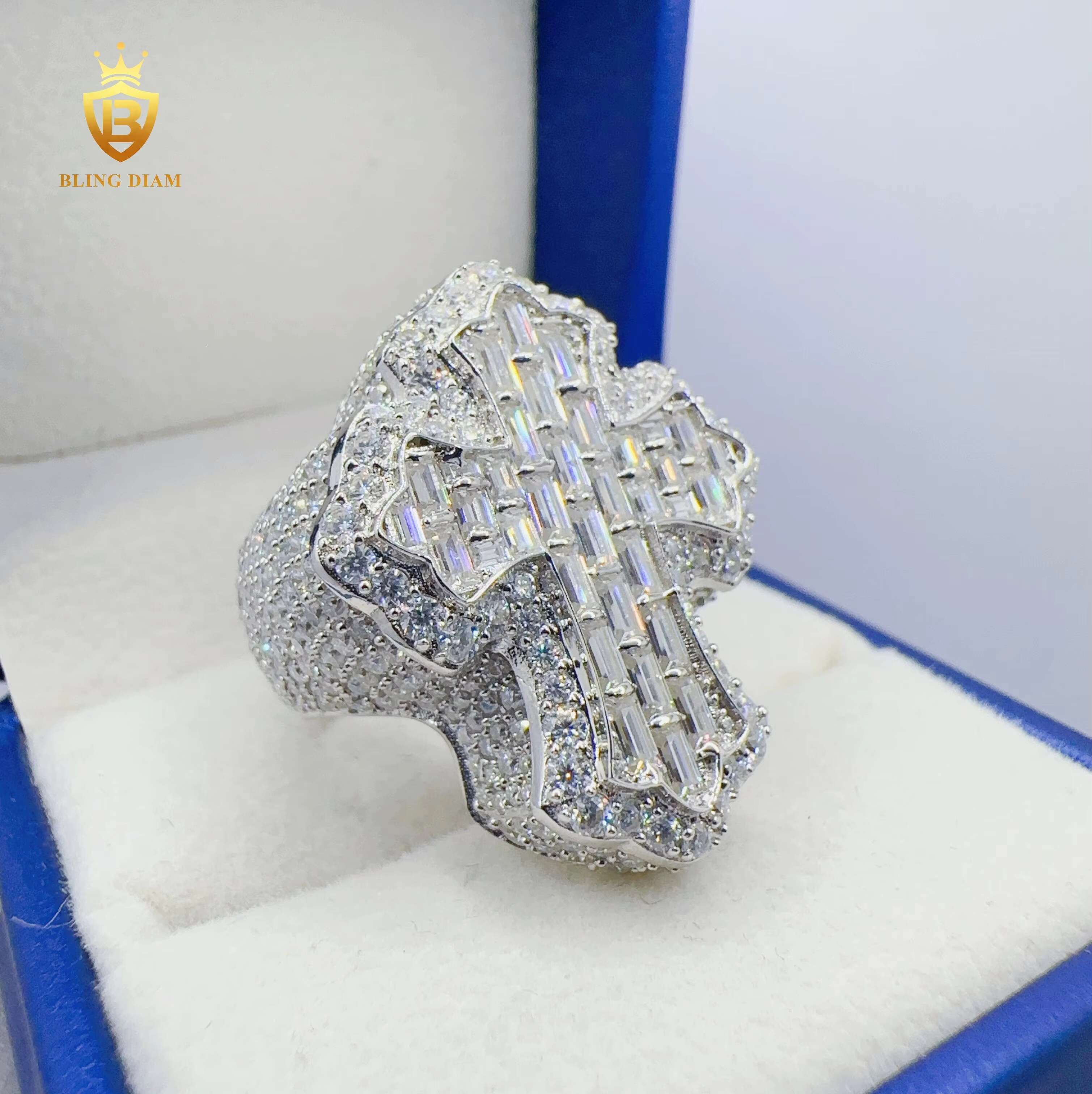 Blingdiam Jewelry Hip Hop 925 Sterling Sliver Cross Ring D Color Baguette VVS Moissanite Ring