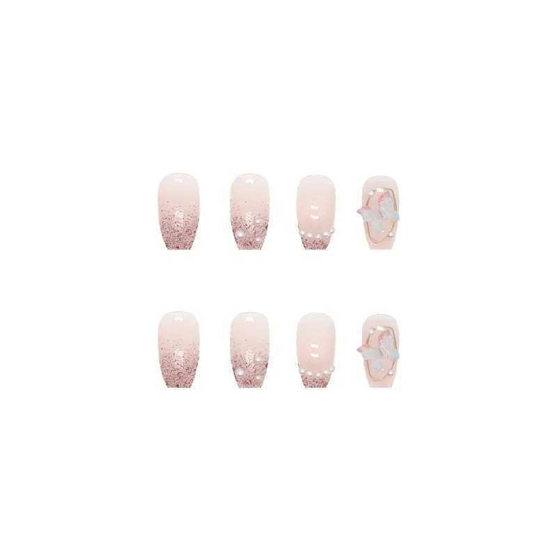 24 pieces of embossed butterfly fake nails with jelly stickers pressed onto the fake nails wearable round headed oval shaped fully covered nail tips W