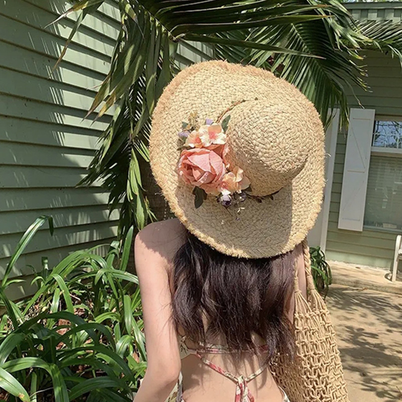 Flower hand woven Lafite straw hat for women in summer, French style large eave sunshade hat, beach vacation sun hat