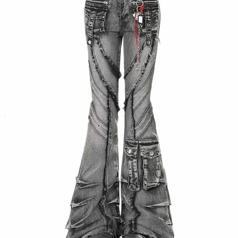 Autumn Winter Womens Denim Pants Dark Academia Cargo Jean Flared Bell Bottom ner Kpop Japanese Y2k 2000s Goblin Core Z260313