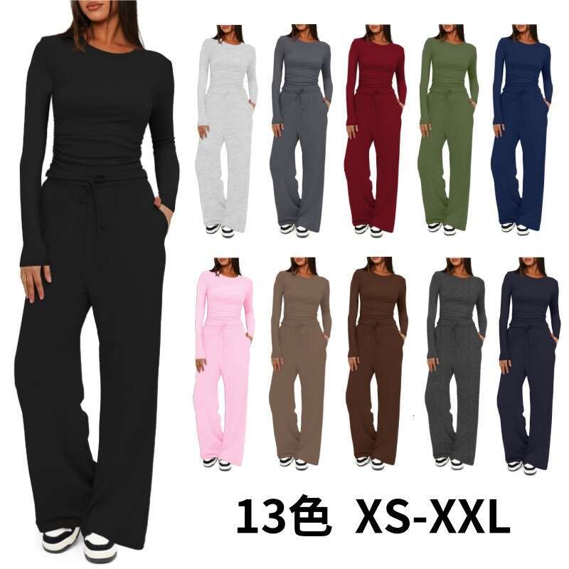 Hot-Selling Kardashian Solid Color Comfortable Wide-Leg Casual Pants Fashion Tie Suit Long Sleeve