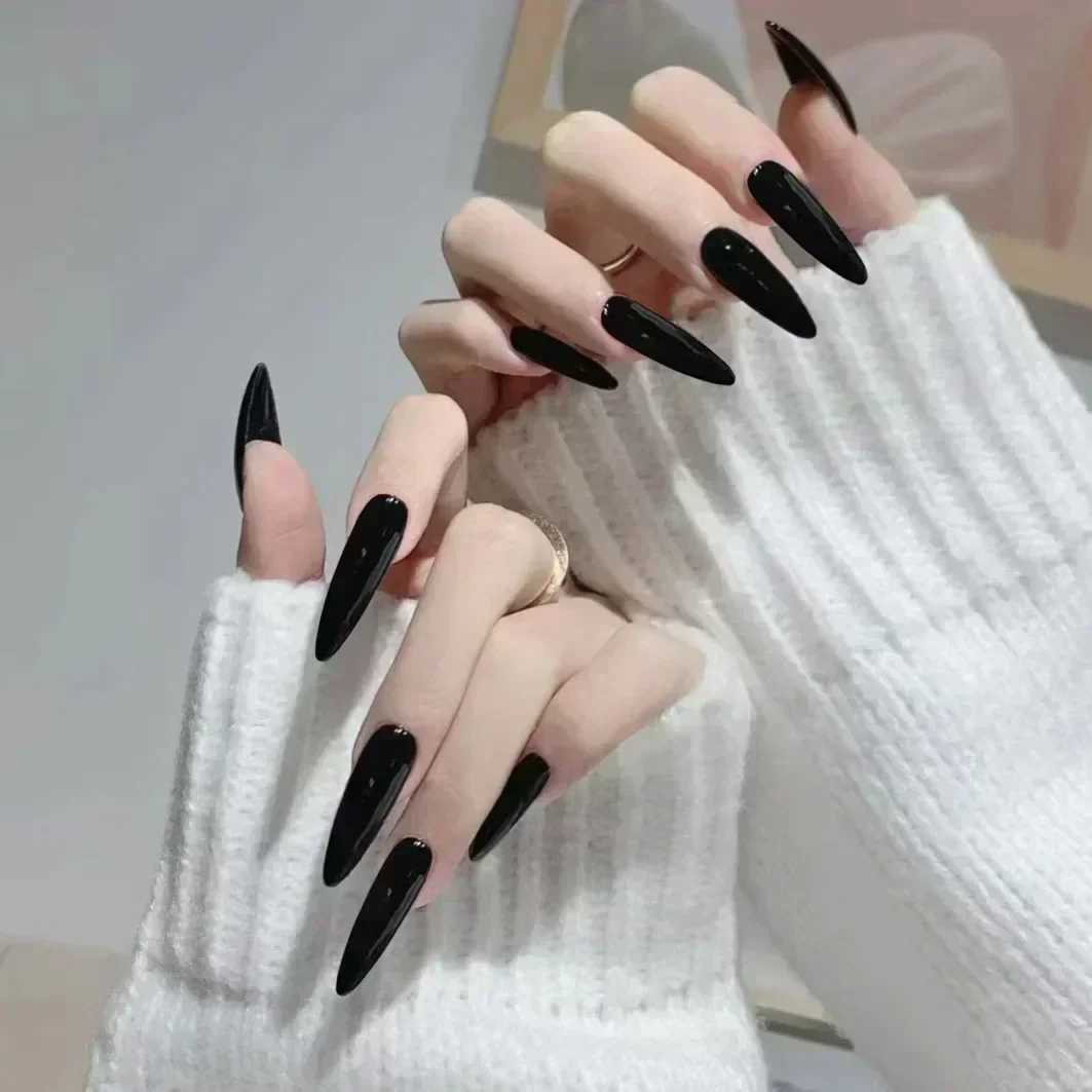 24Pc fake nails with adhesive almond black red gradient design detachable rhinestone acrylic fake nails long and fine lines pressed nails W250410