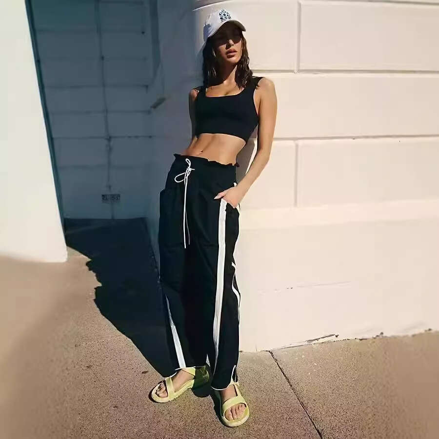 2025 Women's Casual Loose Striped Sweatpants Y2K Sports Elastic High Waist Drawstring Wide Leg Outdoor Pants
