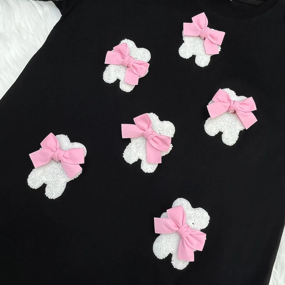 Little Bear Embroidery Y2k 3D Bow Womens Plus Size T-shirt Korean Sweet Kawaii Cute Tee Summer Fashion Harajuku Top 250409