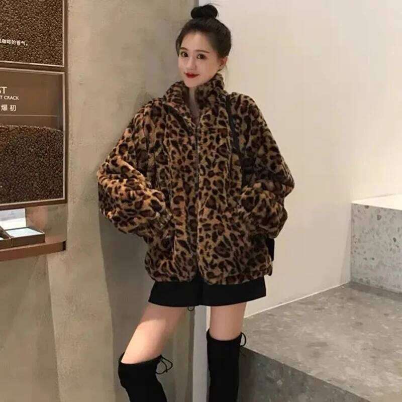 Leopard Winter Coats Women Streetwear Vintage Thicken Imitation Mink Veet Outwear Loose Casual Zipper Hotsweet Haruku Tops