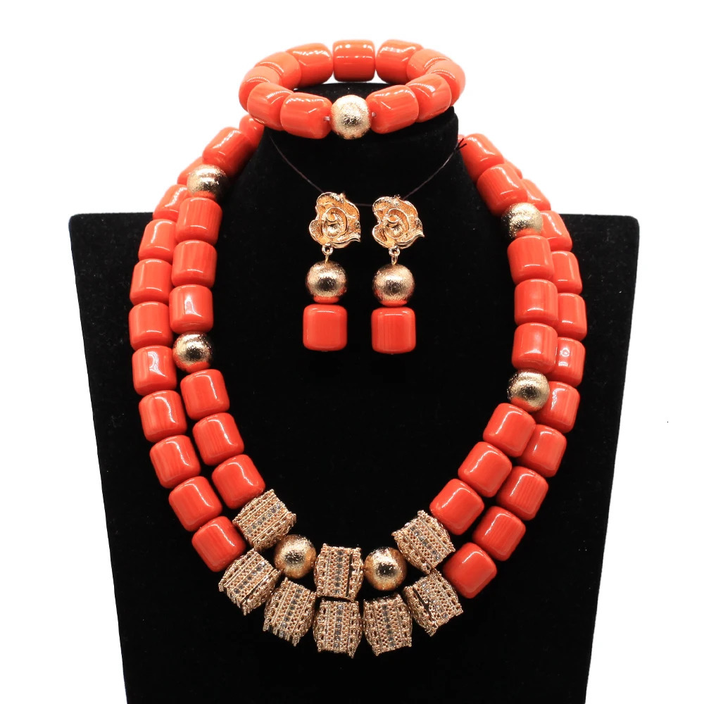 Nigeria Wedding Jewelry Set Coral Beads Golden Pendant Necklace for Women Resin Material African Bride Accessorise 250409