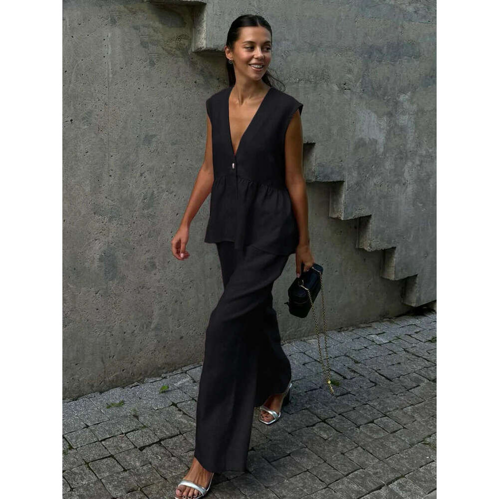 2025 Cross-Border V-Neck Sleeveless Top Vest Long Pants for Women European and American New Style Solid Color Elegant Commuter Two-Piece Set