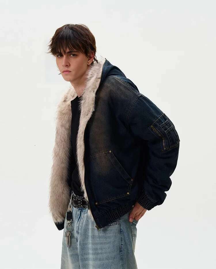 Fur Collar Denim Parkas Men's And Women's Distressed Puffer Jacket Hip Hop Thickened Warm Coat Short