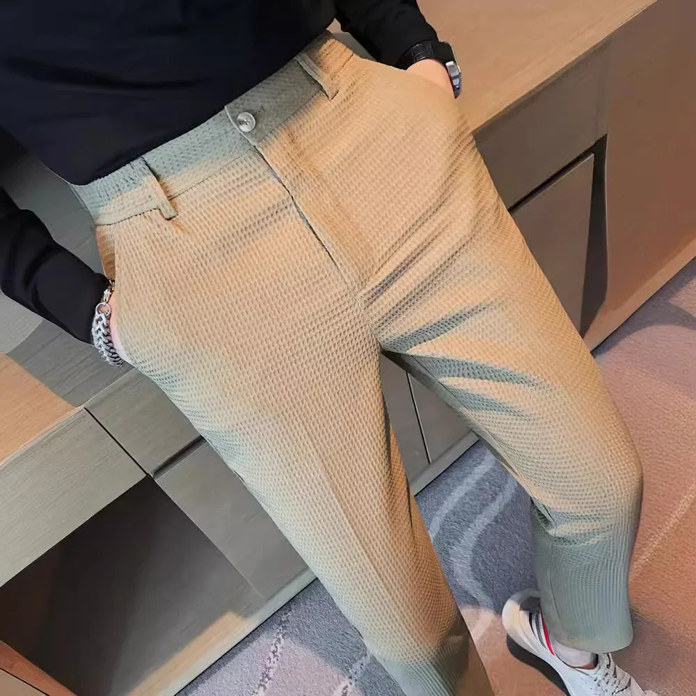 Mens Trendy High-end Feelslimming Plaid Suit Pants Casual Business Straight-leg Pants For Summer Lightweight Breathable 250409